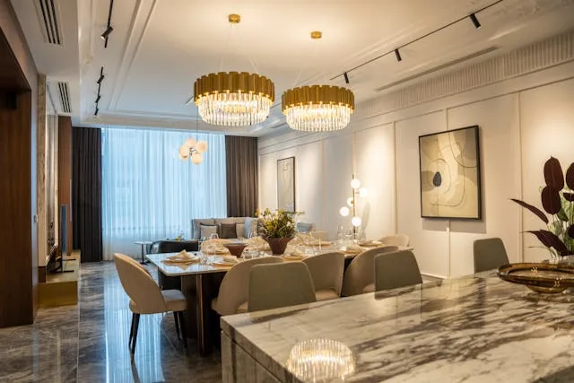 two Chandeliers over 6 person dinning table
